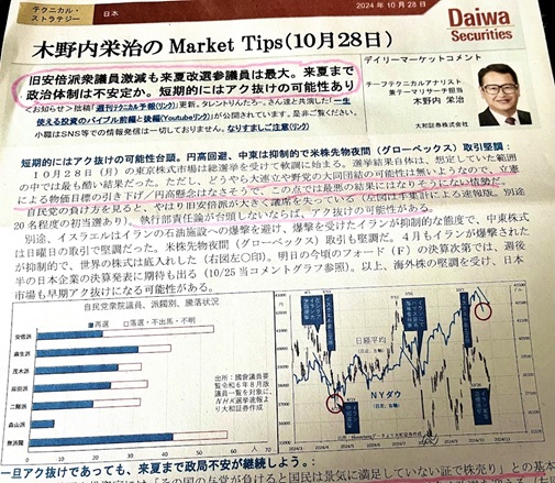 大和証券 木野内栄治の Market Tips(10月28日)